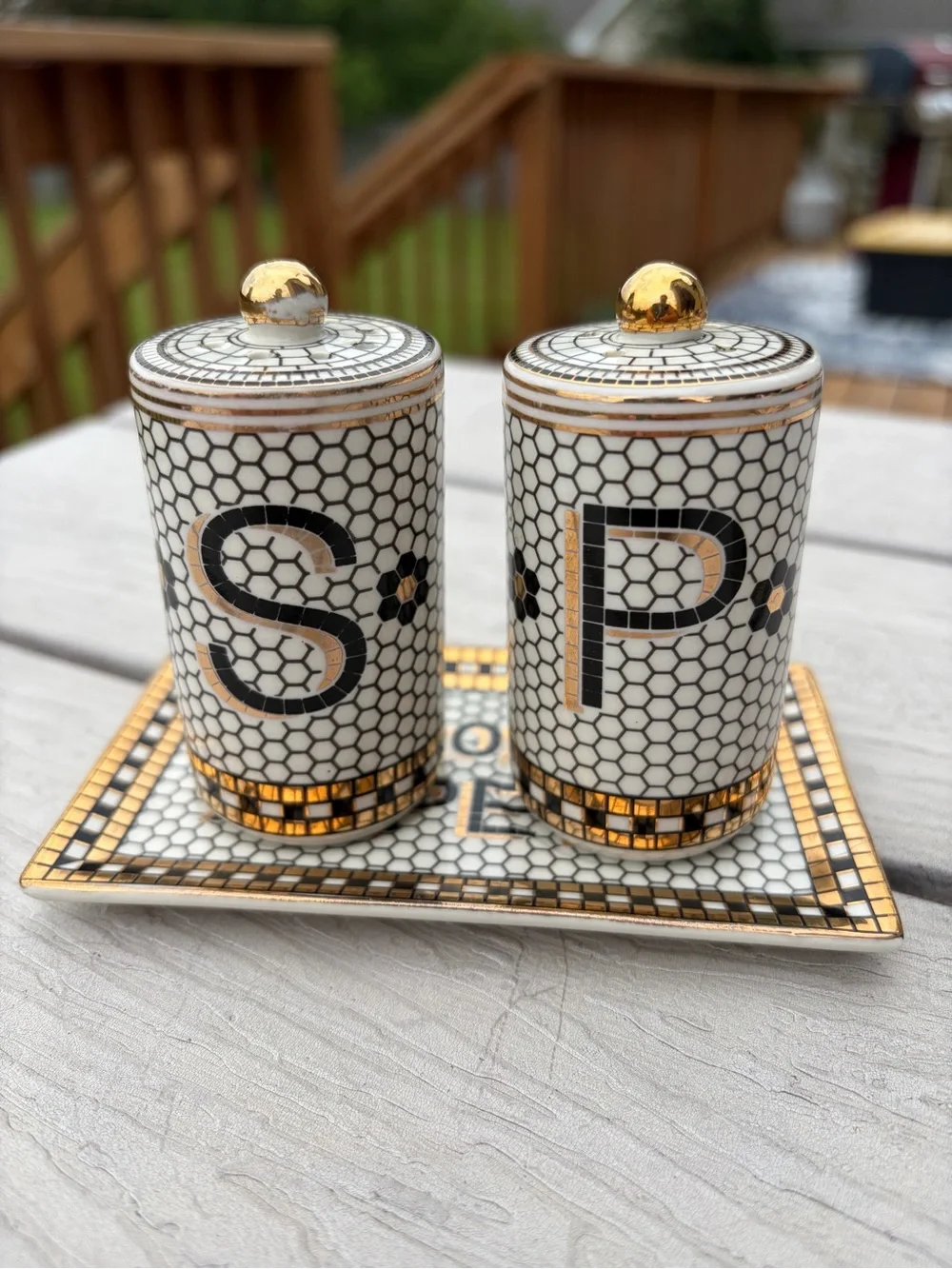 Anthropologie Bistro Tile 24k Gold Accent Salt & Pepper Shakers